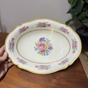 Castleton Rose China 11" Oval Vegetable Bowl Romantic Gold Trim Floral Granny